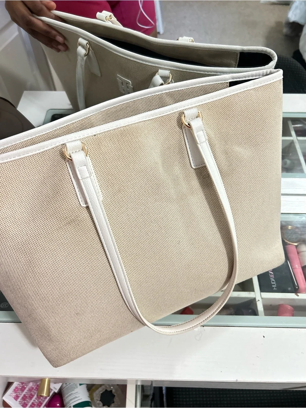 Light Beige Canvas Tote Bag with Black Interior